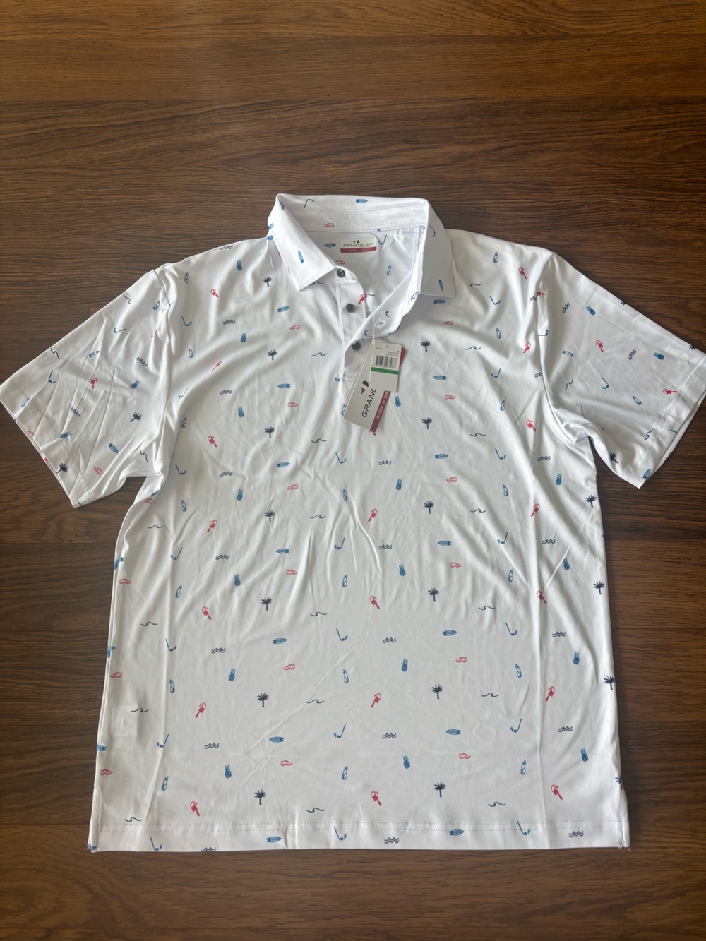 NWT Grand Slam White Polo with Blue and Red Micro Motifs